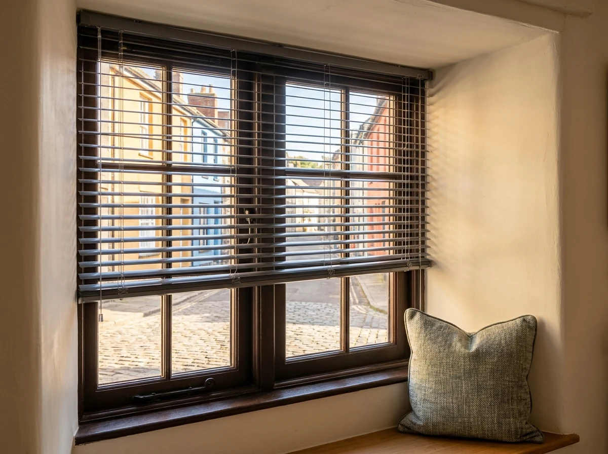 Aluminium venetian blind slats tilted half open on a small-paned heritage window above a De Waterkant cobblestone street