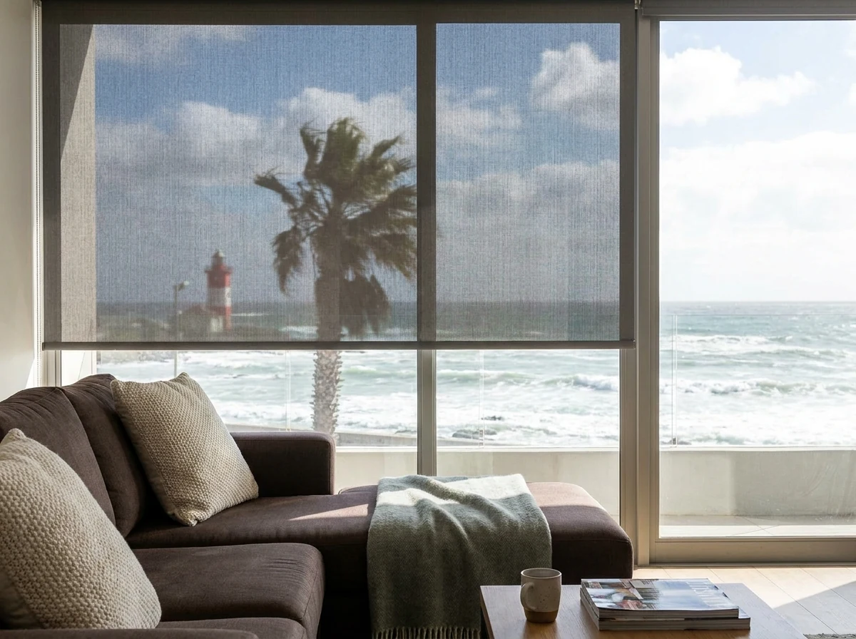 Sunscreen roller blind in a Mouille Point apartment lounge, lighthouse and Atlantic whitecaps visible through the window