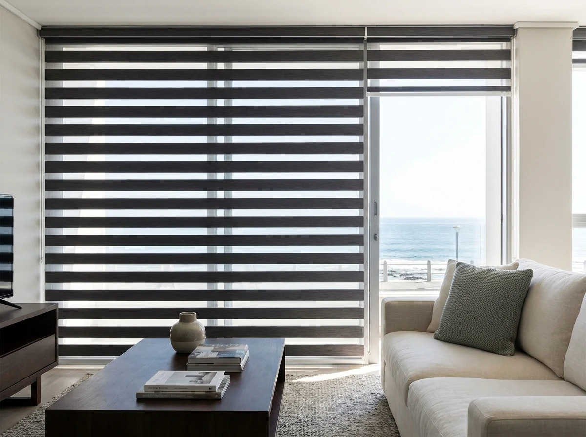 Day and night zebra blind in a Sea Point high-rise apartment living room, Atlantic Ocean visible through a gap at the window's edge