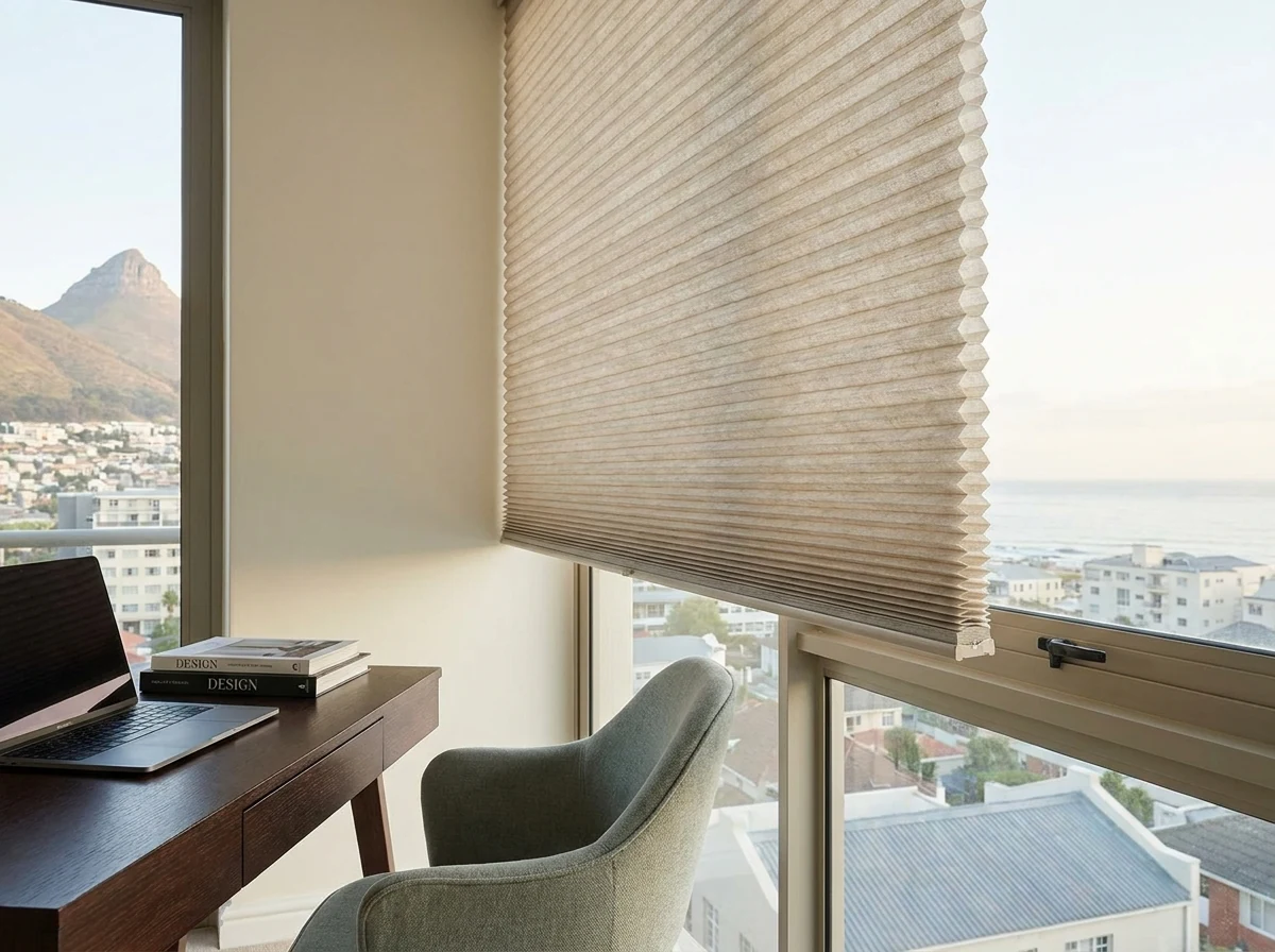 Cellular honeycomb blind partway lowered showing pleated air-cell structure in a Green Point home office