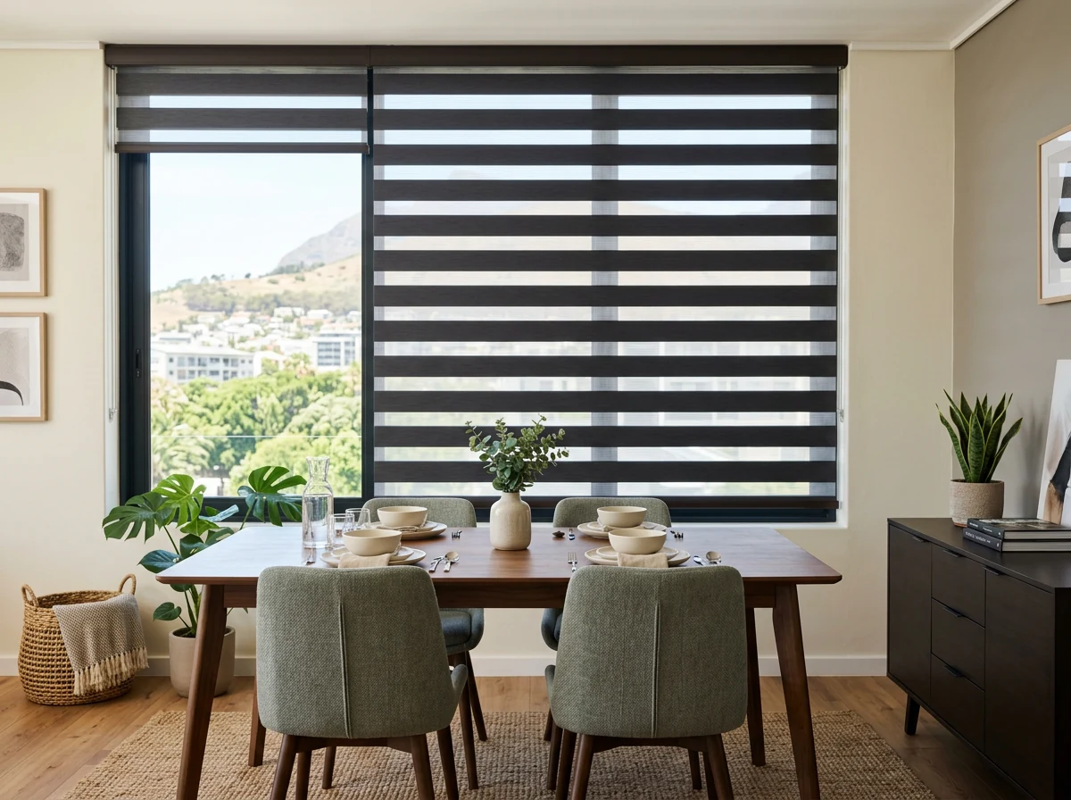 Day and night zebra blind with bands offset in a Green Point dining room, Table Mountain visible through the window