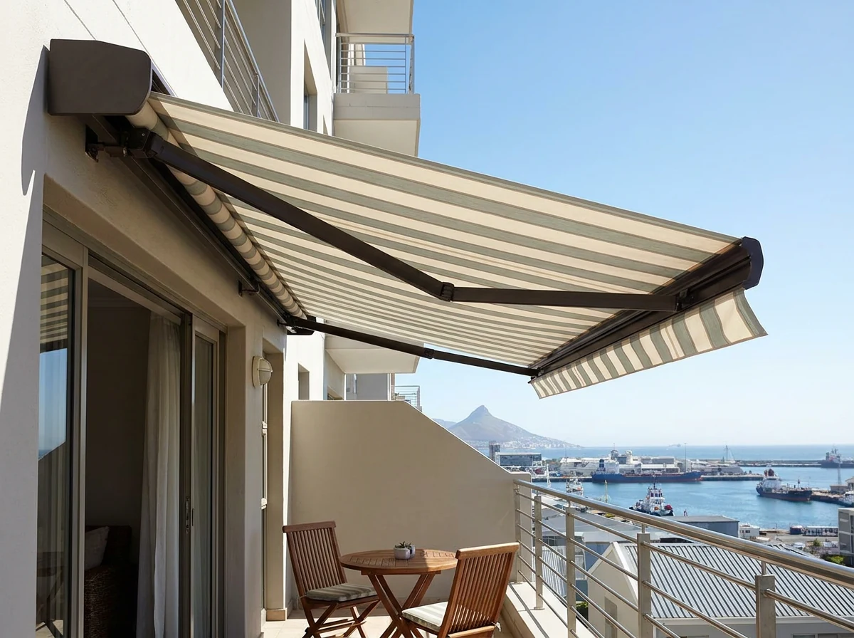Retractable folding-arm awning extended over a Green Point apartment balcony, harbour glimpse in the background