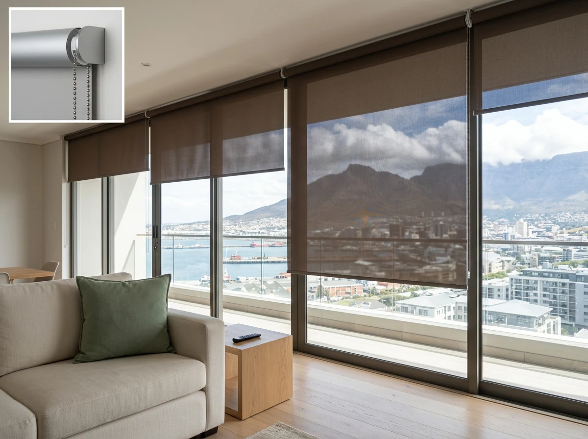 Multiple motorised roller blinds lowering across a wide glass wall in a Green Point penthouse-style apartment, unbranded motor mechanism inset top-left, remote control in the foreground