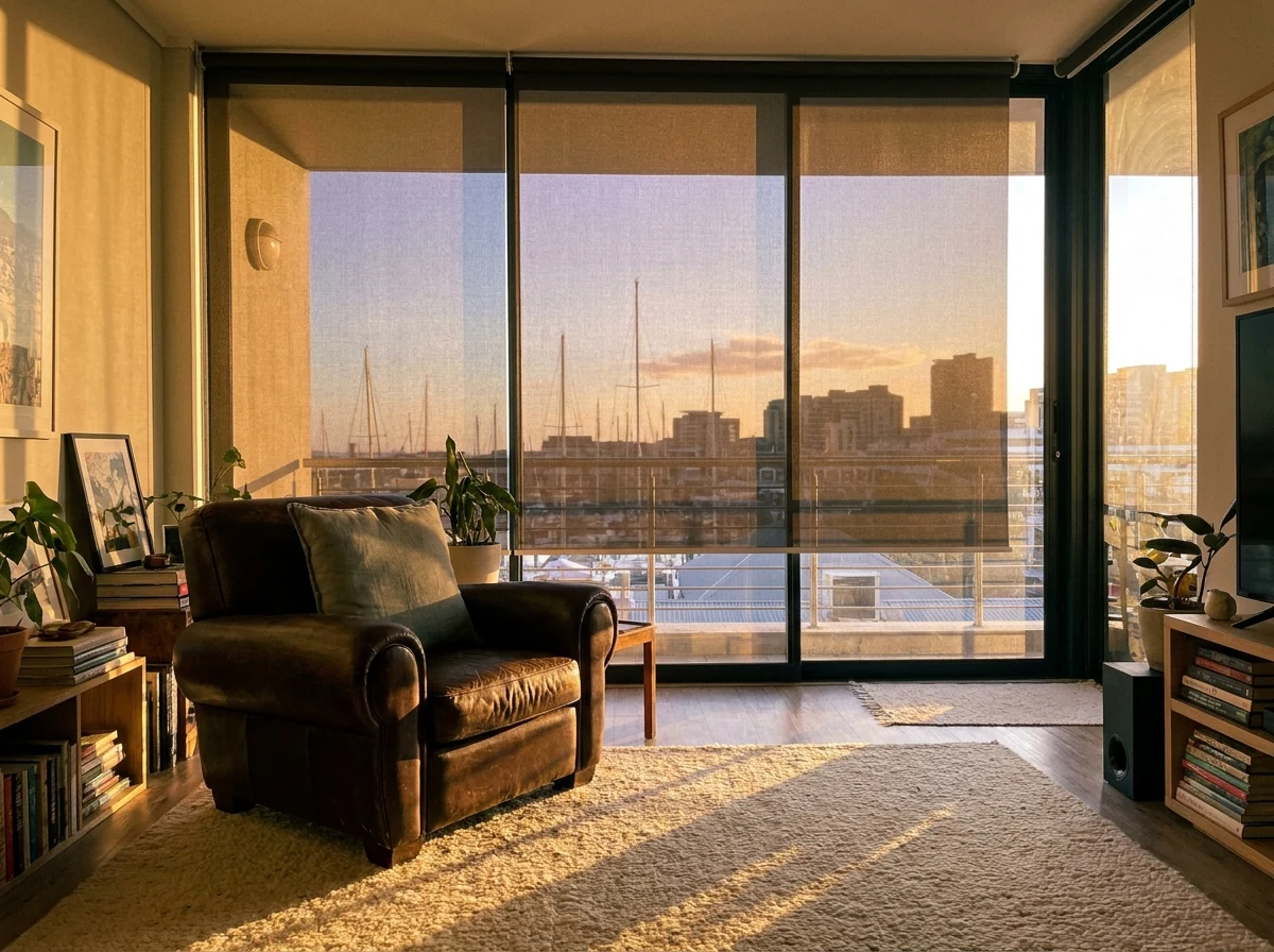 Sunscreen roller blind lowered halfway across floor-to-ceiling glass in a Green Point apartment at golden hour, harbour skyline beyond