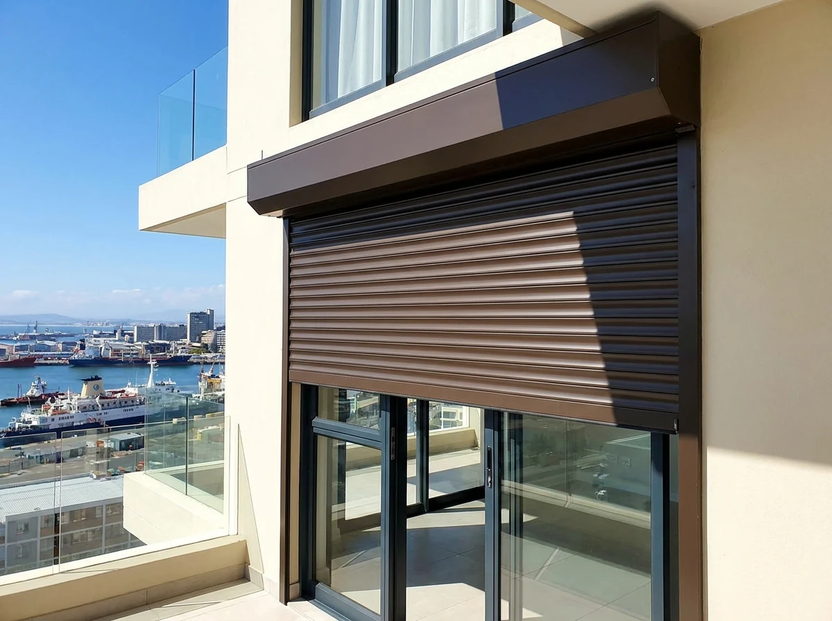 Aluminium roller shutter partially lowered outside a Green Point balcony's floor-to-ceiling glazing, harbour view beyond