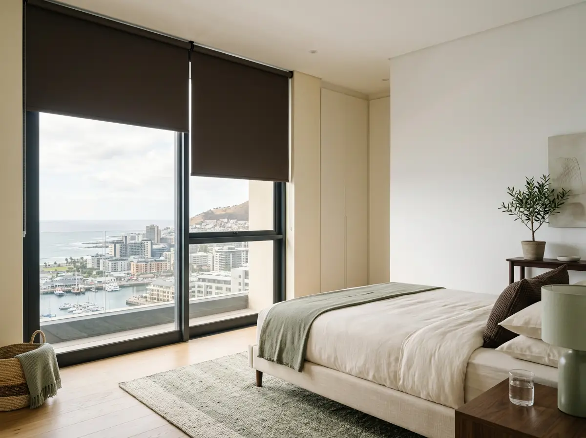 Green Point apartment interior room with roller blinds, cream and sage accents