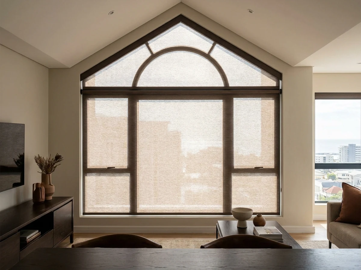 Custom shaped roller blind fitted to an angled gable window in a Green Point apartment